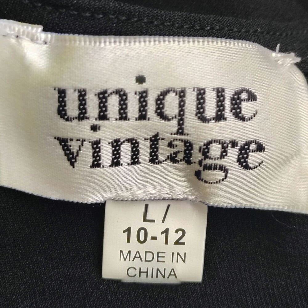 Unique Vintage Black Fit & Flare Dress Puff Sleeve Faux Wrap Retro Pinup Large - Picture 5 of 5